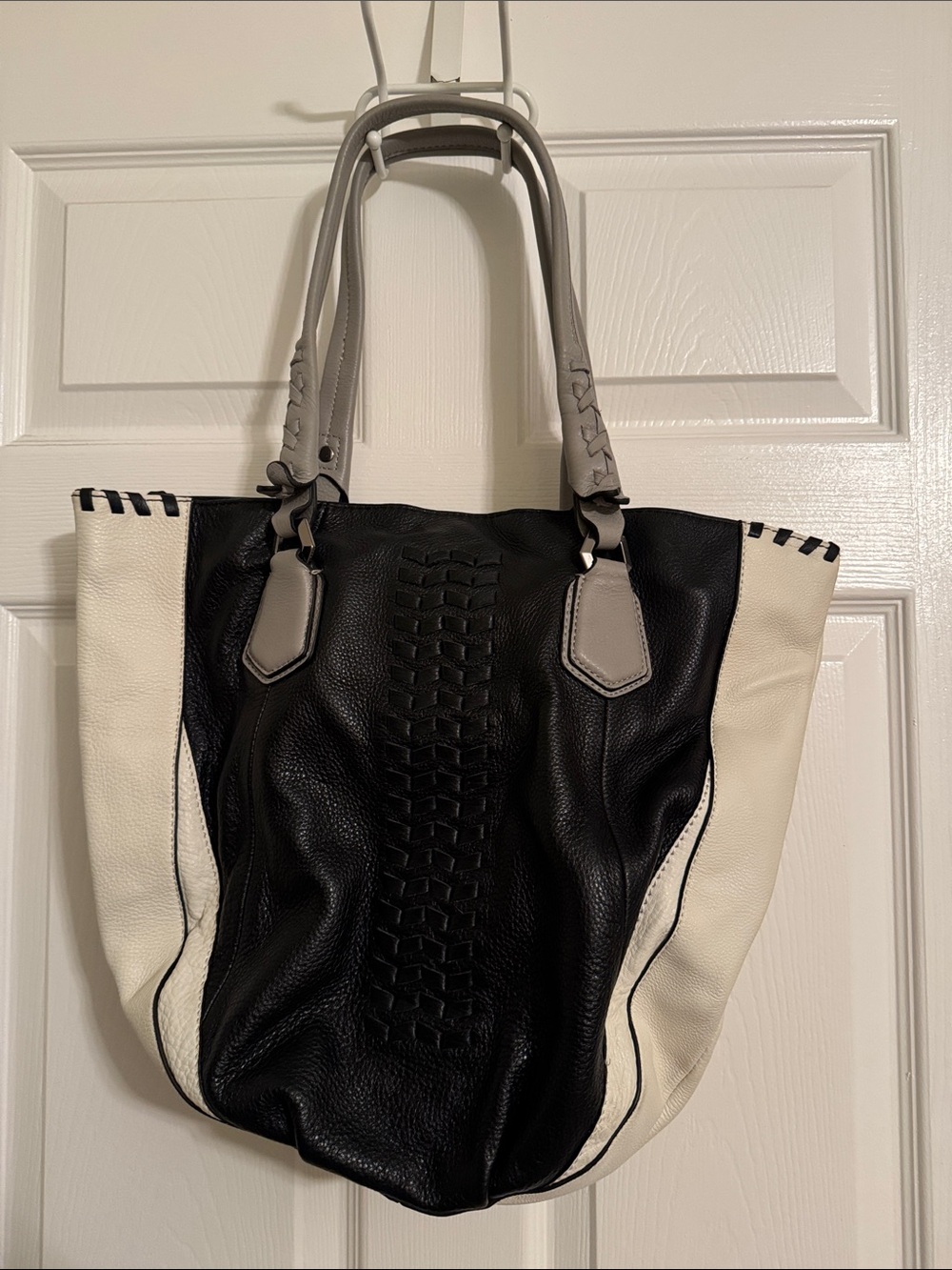 Black and White Leather Tote Bag with Gray Handles